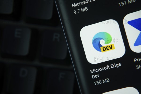 Dhaka, Bangladesh- 27 July 2025: Close-up of smartphone screen showing the Microsoft Edge Dev app icon with a dark interface