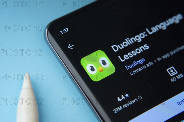 Dhaka, Bangladesh- 03 Oct 2025: Duolingo app from Google Playstore is displayed on a smartphone screen
