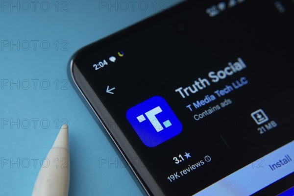 Dhaka, Bangladesh- 18 March 2025: Truth Social app from Google Playstore is displayed on a smartphone screen