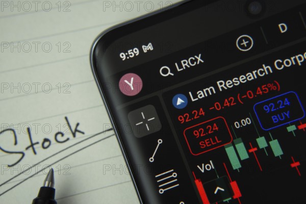 Dhaka, Bangladesh- 20 June 2025: Lam Research stock trading information on smartphone screen with a handwritten note