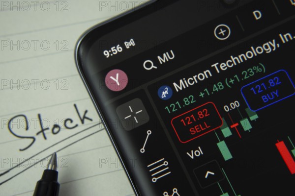 Dhaka, Bangladesh- 20 June 2025: Micron stock trading information on smartphone screen with a handwritten note