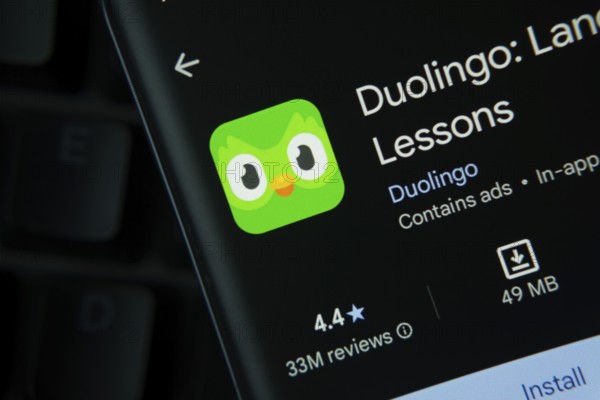 Dhaka, Bangladesh- 03 Oct 2025: Duolingo app from Google Playstore is displayed on a smartphone screen