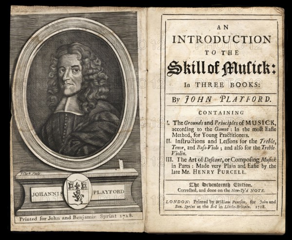 An Introduction to the Skill of Musick, a music theory and instruction book by John Playford, title page and frontispiece portrait, published in 1718, London, England, United Kingdom