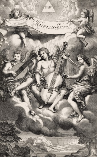 Frontispiece by Simon Gribelin, Book of Harmoniae Sacra or Divine hymns and dialogues, a music book by Henry Playford, 17th century