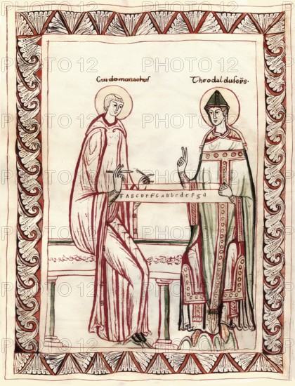 Guido of Arezzo showing Bishop Tedald the monochord, an ancient instrument with a single string, medieval manuscript, Micrologus de disciplina artis musicae, 11th Century