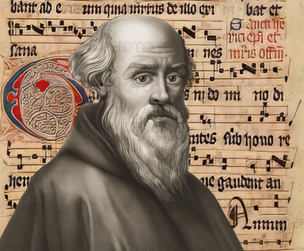 Portrait of Guido of Arezzo, 992 – after 1033, Italian Benedictine monk, music theorist and pedagogue of High medieval music, digitally optimized