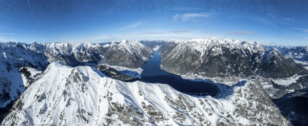 Aerial view, epic view of mountain landscape with snow in winter, summit of Bärenkopf, Achensee, Tyrol, Austria