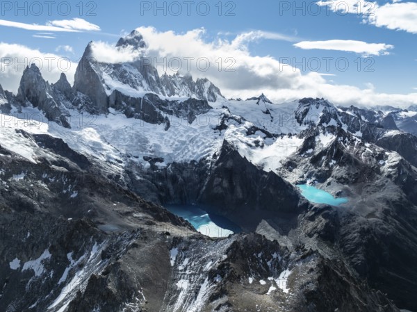 Aerial View, Epic Panorama, Large Glaciers, Lago de los Tres Laguna Sucia Glacier Lakes, Mountains and Peaks of Monte Fitz Roy, Mount Fitz Roy, Cerro Chalten, Los Glaciares National Park, Patagonia, Santa Cruz Province, Argentina