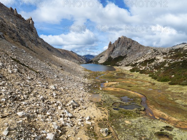 Aerial view, epic panorama, large glaciers, glacial lakes Lago de los Tres Laguna Sucia and Laguna Torre, mountains and peaks of Monte Fitz Roy and Cerro Torre, Fitz Roy mountain range, Cerro Chalten, Los Glaciares National Park, Patagonia, Santa Cruz Province, Argentina