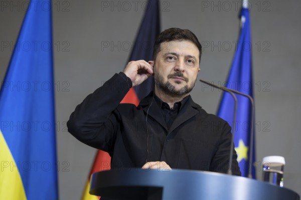Volodymyr Zelensky (President of Ukraine) and Friedrich Merz (Chancellor of the Federal Republic of Germany) hold a press conference at the Federal Chancellery after the 8th German-Ukrainian Economic Forum, 15 August 2025
