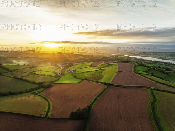 Colours of autumn Fields and Farms over Sheldon from a drone, Torbay, Devon, England, United Kingdom