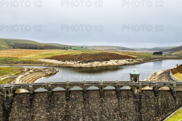 Autumn over Craig Goch Dam from a drone, Elan Valley Reservoirs, Elan Valley, Rhayader, Powys, Wales, UK