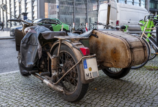 Retro motorcycle with sidecar, old and rusted, roadworthy and officially approved, Berlin, Germany