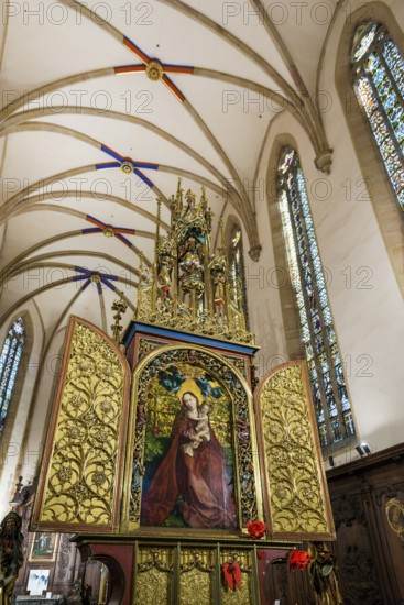 Famous medieval painting, Madonna in the Garden of Roses, by Martin Schongauer, Dominican Church, Église des Dominicains, Colmar, Haut-Rhin Department, Alsace, France