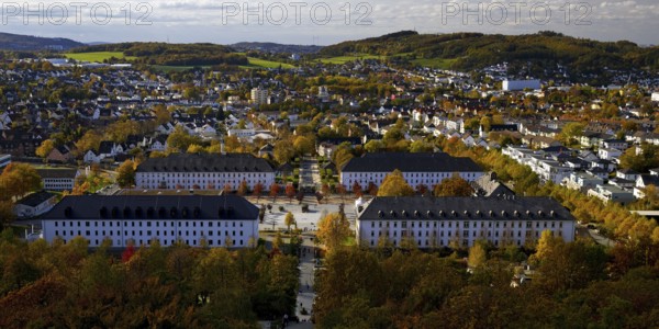 View from the Jübergturm of Sauerland Park in autumn and the city center of Hemer, Märkischer Kreis, Sauerland, North Rhine-Westphalia, Germany