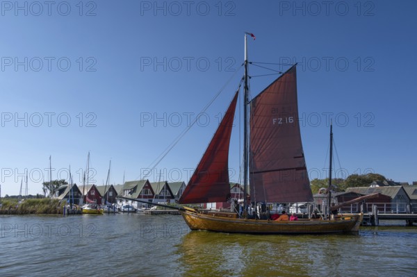 Zeesboot, former historic fishing boat, leaves the port of Ahrenshoop, blue sky, Darß, Mecklenburg-Western Pomerania, Germany