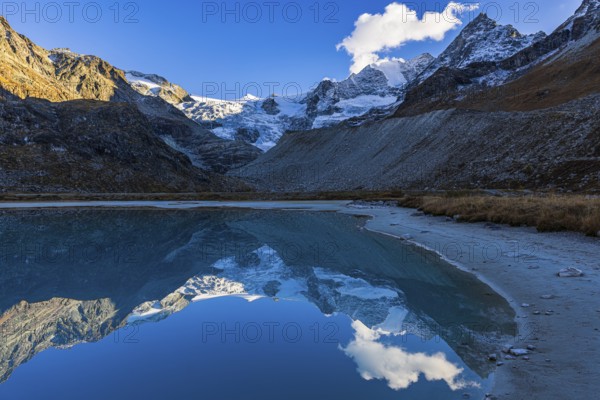 The Moiry glacier and mountain peaks are reflected in Lac de Chateaupre, Val d'Anniviers, Valais Alps, Canton of Valais, Switzerland