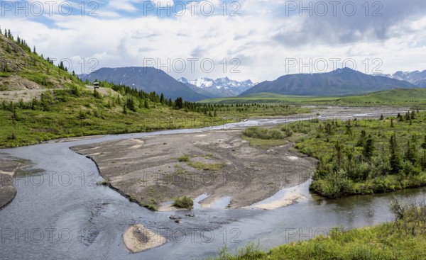 Savage River, tundra and mountainous landscape, Denali National Park, Alaska, USA