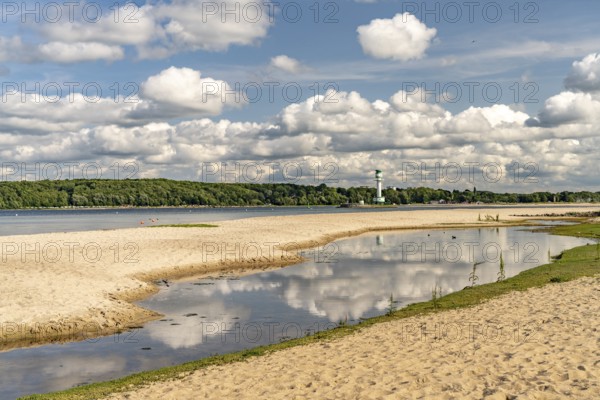 Falkensteiner Beach and Friedrichsort lighthouse on the Kiel Fjord, Kiel, Schleswig-Holstein, Germany