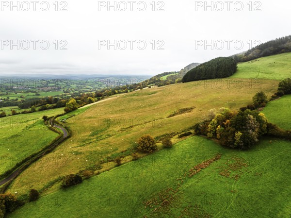 Autumn colours over Wales Farms and Fields from a drone, Grosmont, Abergavenny, Monmouthshire, Wales, UK