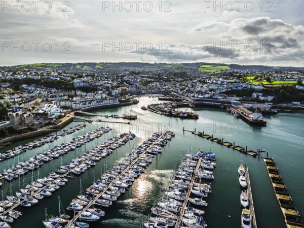 Brixham Hourbour and Brixham Marina from a drone, Brixham, Torbay, Devon, England, United Kingdom