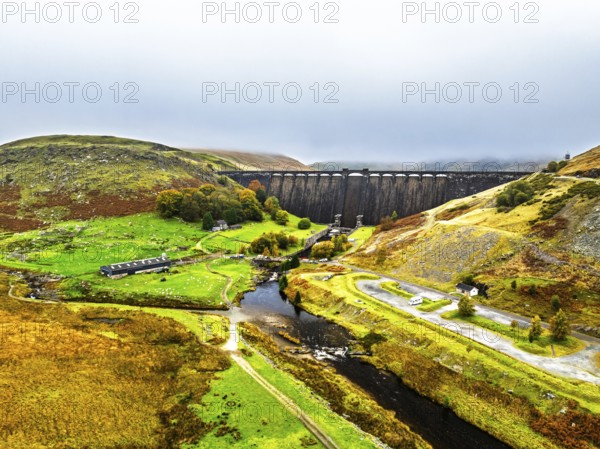 Autumn over Claerwen Dam, Claerwen Valley, Elan Valley Reservoir, Rhayader, Powys, Wales, UK