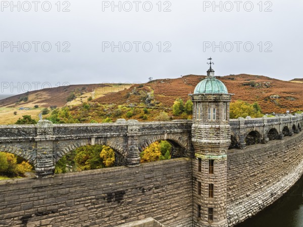 Autumn over Craig Goch Dam from a drone, Elan Valley Reservoirs, Elan Valley, Rhayader, Powys, Wales, UK