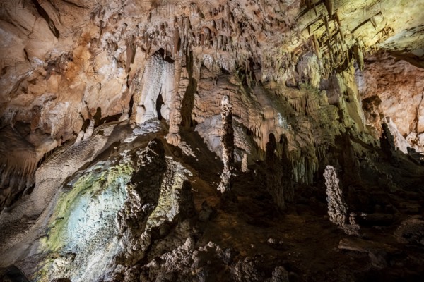 Stalactites and stalagmites, rock formations in a stalactite cave, Grotta del Fico, Gulf of Orosei, Baunei, Sardinia, Italy