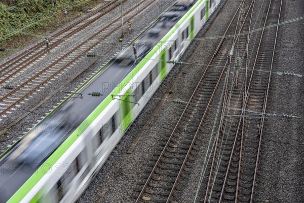 S-Bahn train on the route east, in front of Essen main station, regional transport in North Rhine-Westphalia, Germany