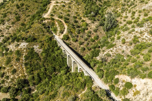 Cycle path Via Verde de la Sierra, Puerto Serrano to Olvera, old railroad track, cycle path on bridge, tunnel, near village Coripe, Andalusia, Spain