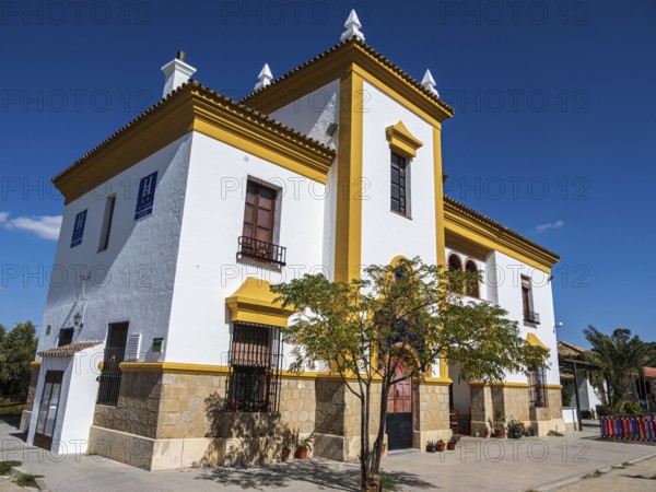 Former train station at village Olvera, now used for tourism, cafe and lodging, cycle path Via Verde de la Sierra, Puerto Serrano to Olvera, old railroad track, Andalusia, Spain