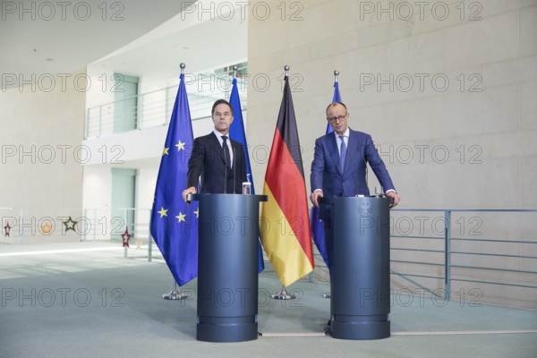 Mark Rutte (Secretary General of NATO) and Friedrich Merz (Chancellor of the Federal Republic of Germany, CDU) at a press conference after a one-on-one meeting in the Federal Chancellery, Berlin, 11 December 2025