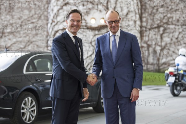 Mark Rutte (Secretary General of NATO) and Friedrich Merz (Chancellor of the Federal Republic of Germany, CDU) greeting each other in front of a joint one-on-one meeting at the Federal Chancellery, Berlin, 11 December 2025