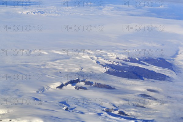 View of glaciers, structures, rocks in ice, snowfields, aerial view, Icelandic highlands, Iceland