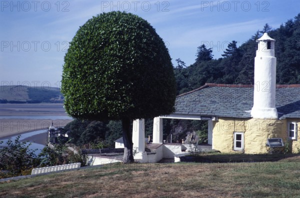 Buildings in Portmeirion folly tourist village, Gwynedd, North Wales, UK in 1985, built by Sir Clough Williams-Ellis