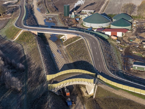 Aerial view of construction site, new bridge is build as part of bypass road, Celle, Germany