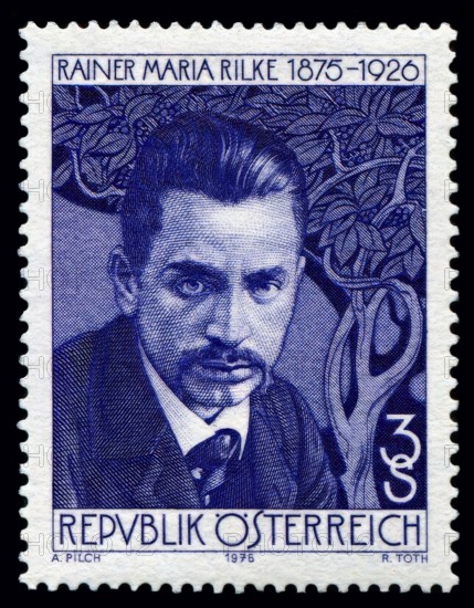 Stamp with portrait of Rainer Maria Rilke, 1875 – 1926, Austrian poet and novelist, digitally edited