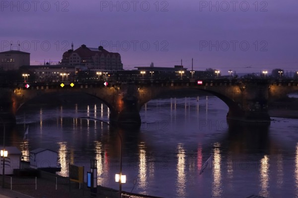 Augustus Bridge Dresden in the evening, Elbe with reflection, winter, Saxony, Germany