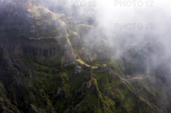 Aerial view, clouds of fog, mountains, Madeira, Portugal