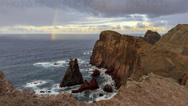 Sunset, rainbow at sea, volcanic peninsula, Ponta de São Lourenço, Ponta de Sao Lourenco, rocky coast, Punta de San Lorenzo, Madeira, Portugal