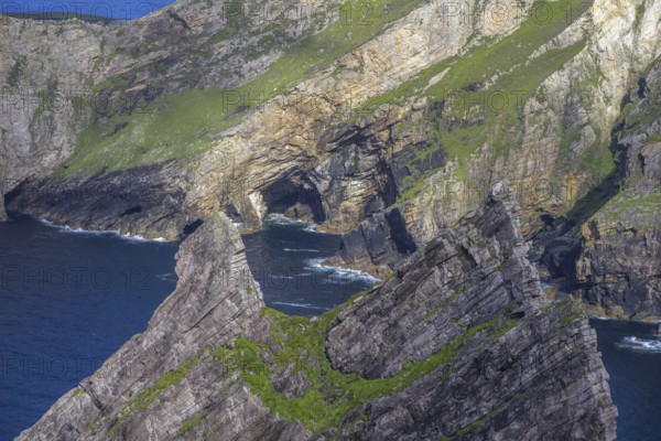 View of blue sea and cliffs from Portacloy Loop Cliff Walk, Muingnabo, County Mayo, Ireland