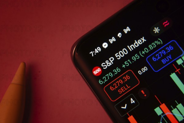 Dhaka, Bangladesh- 08 Sep 2025: Close-up of a phone screen showing S&P 500 Index stock market data with a candlestick chart
