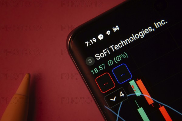 Dhaka, Bangladesh- 08 Sep 2025: Close-up of a phone screen showing SoFi Technologies Inc stock market data with a candlestick chart