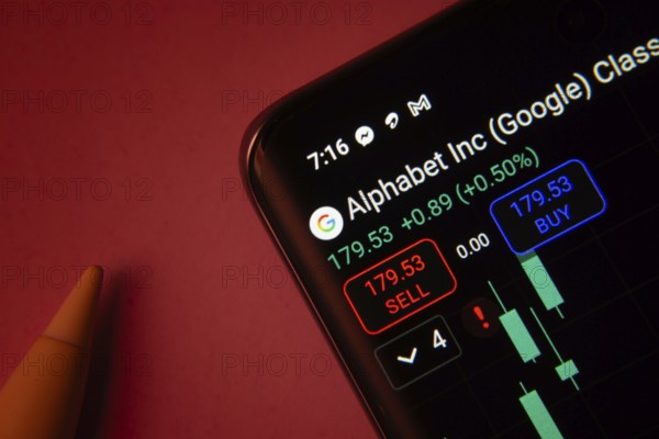 Dhaka, Bangladesh- 08 Sep 2025: Close-up of a phone screen showing Alphabet Inc stock market data with a candlestick chart