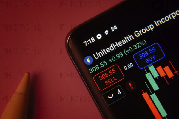 Dhaka, Bangladesh- 08 Sep 2025: Close-up of a phone screen showing UnitedHealth Group Incorporated stock market data with a candlestick chart