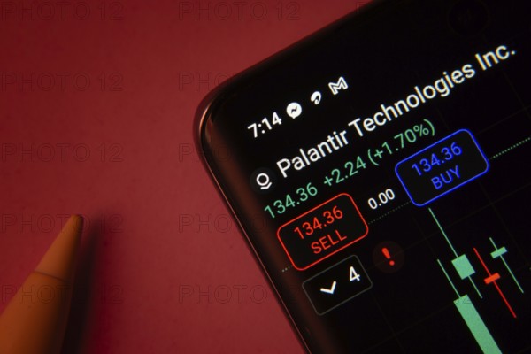 Dhaka, Bangladesh- 08 Sep 2025: Close-up of a phone screen showing Palantir Technologies Inc stock market data with a candlestick chart