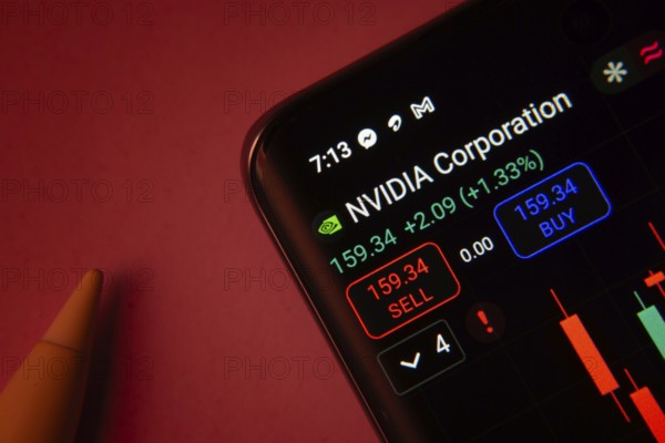 Dhaka, Bangladesh- 08 Sep 2025: Close-up of a phone screen showing Nvidia Corporation stock market data with a candlestick chart