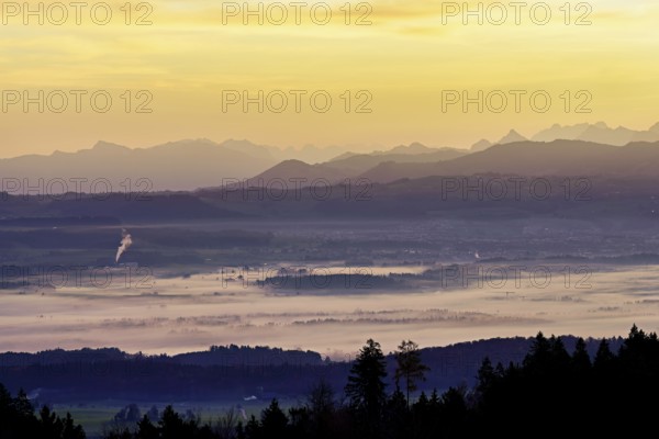 View from Horben of the Reuss Valley covered in fog, behind it the Glarus Alps in the light of the rising sun, Beinwil-Freiamt, Canton, Aargau, Switzerland