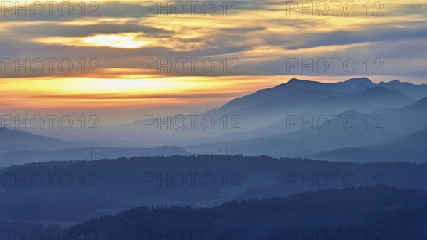 View of the Jura foothills from the Gisliflue, in the light of the setting sun, Talheim, Canton, Aargau, Switzerland