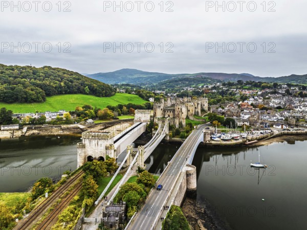 Conwy Castle over River Convy from a drone, Convy, North Wales, England, United Kingdom